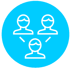 Three person outline in blue circle