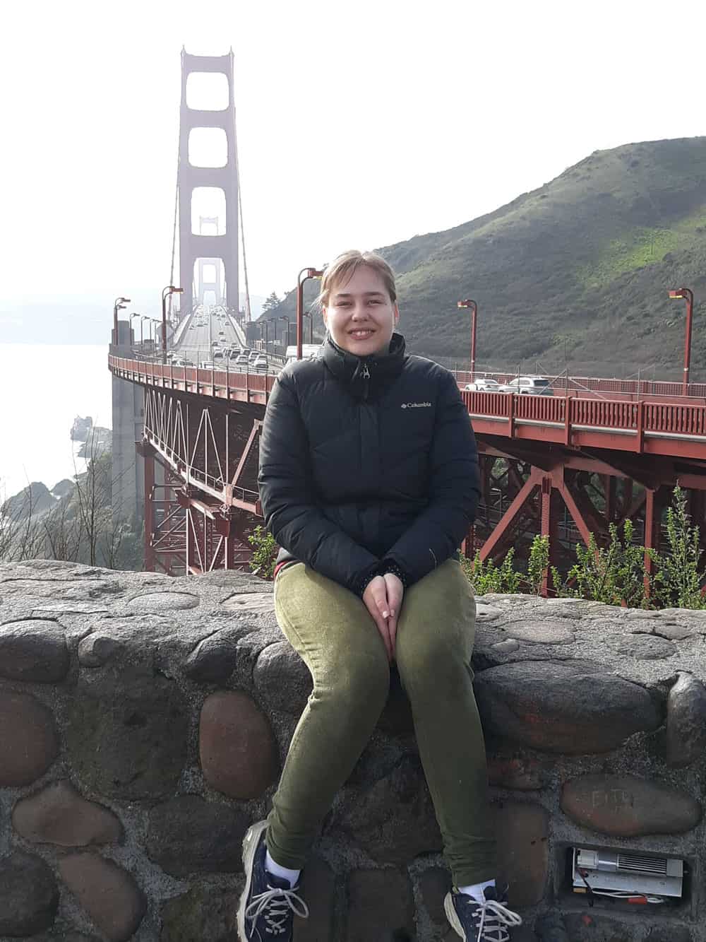 This is a photo of Angela Campbell on the Golden Gate Bridge.